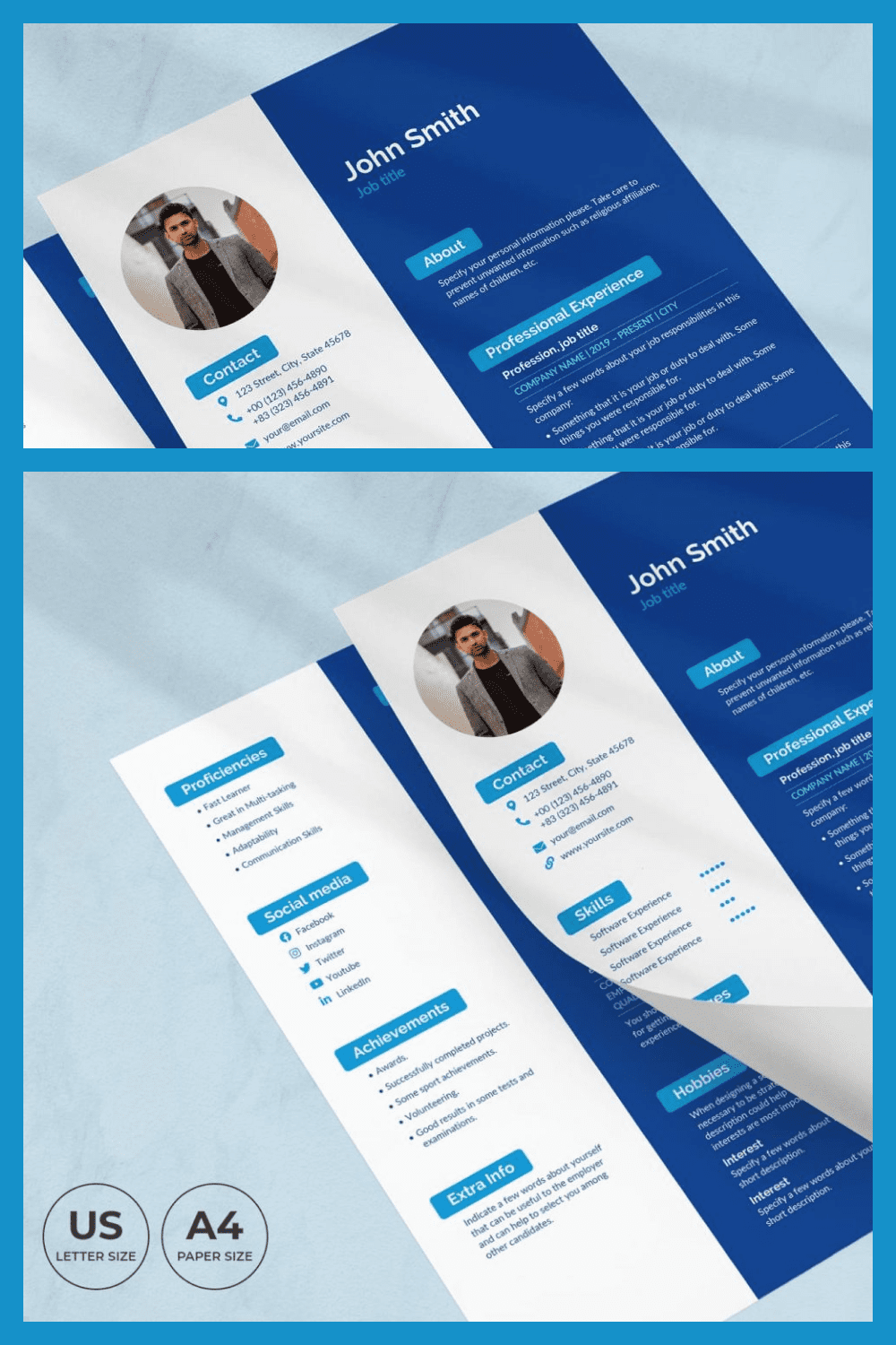 Blue and white resume with a blue background.