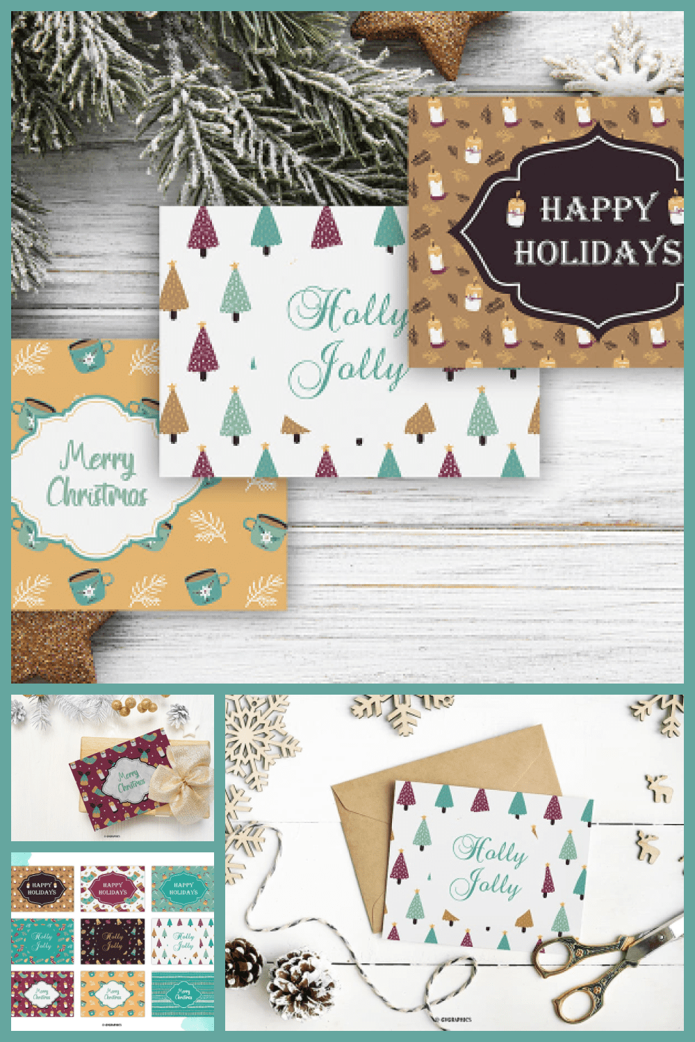Several Christmas cards on the background of fir branches, scissors, cones and rope.