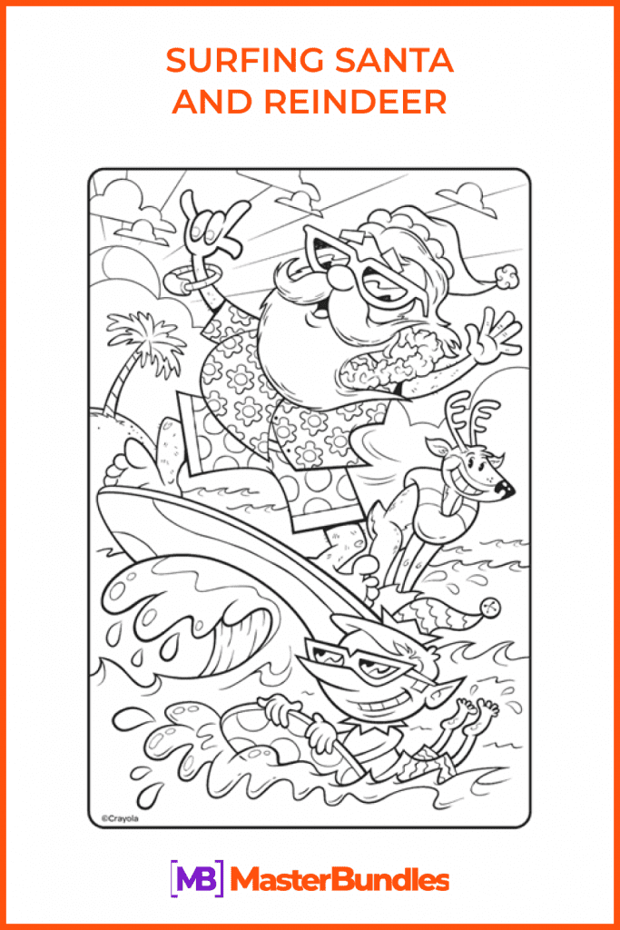 Surfing Santa and Reindeer Free Coloring Page Master Bundles