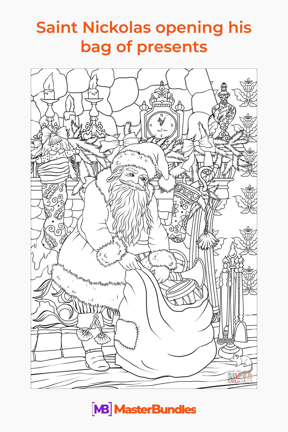 Saint Nickolas opening his bag of presents coloring page pinterest image.