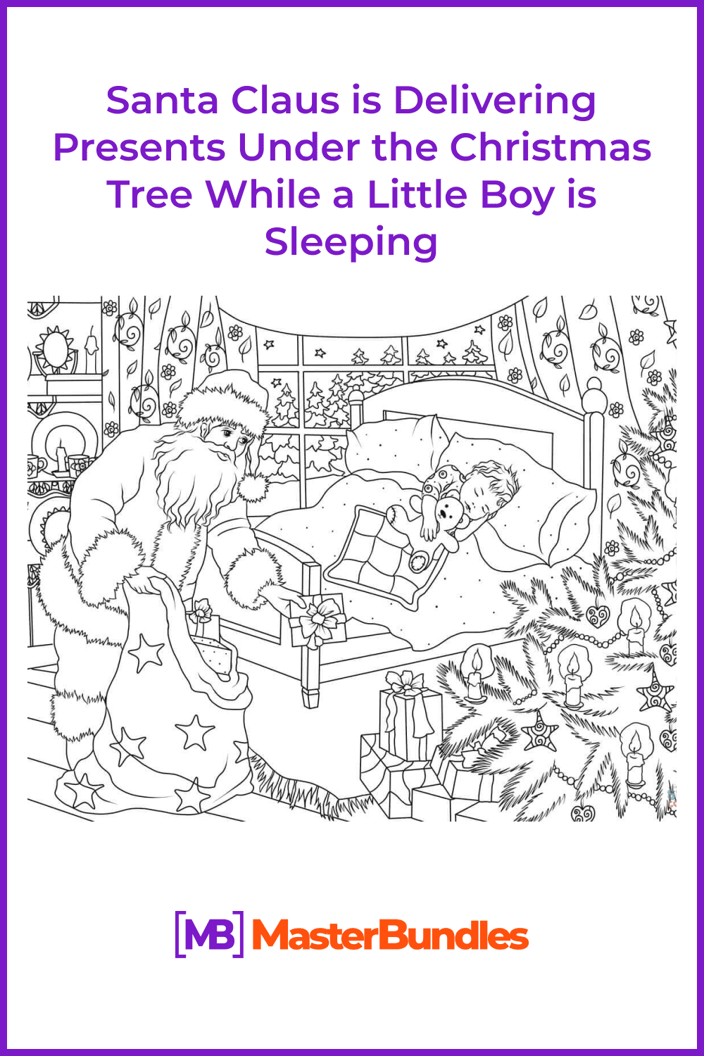 Santa Claus is delivering presents under the Christmas tree while a little boy is pinterest image.