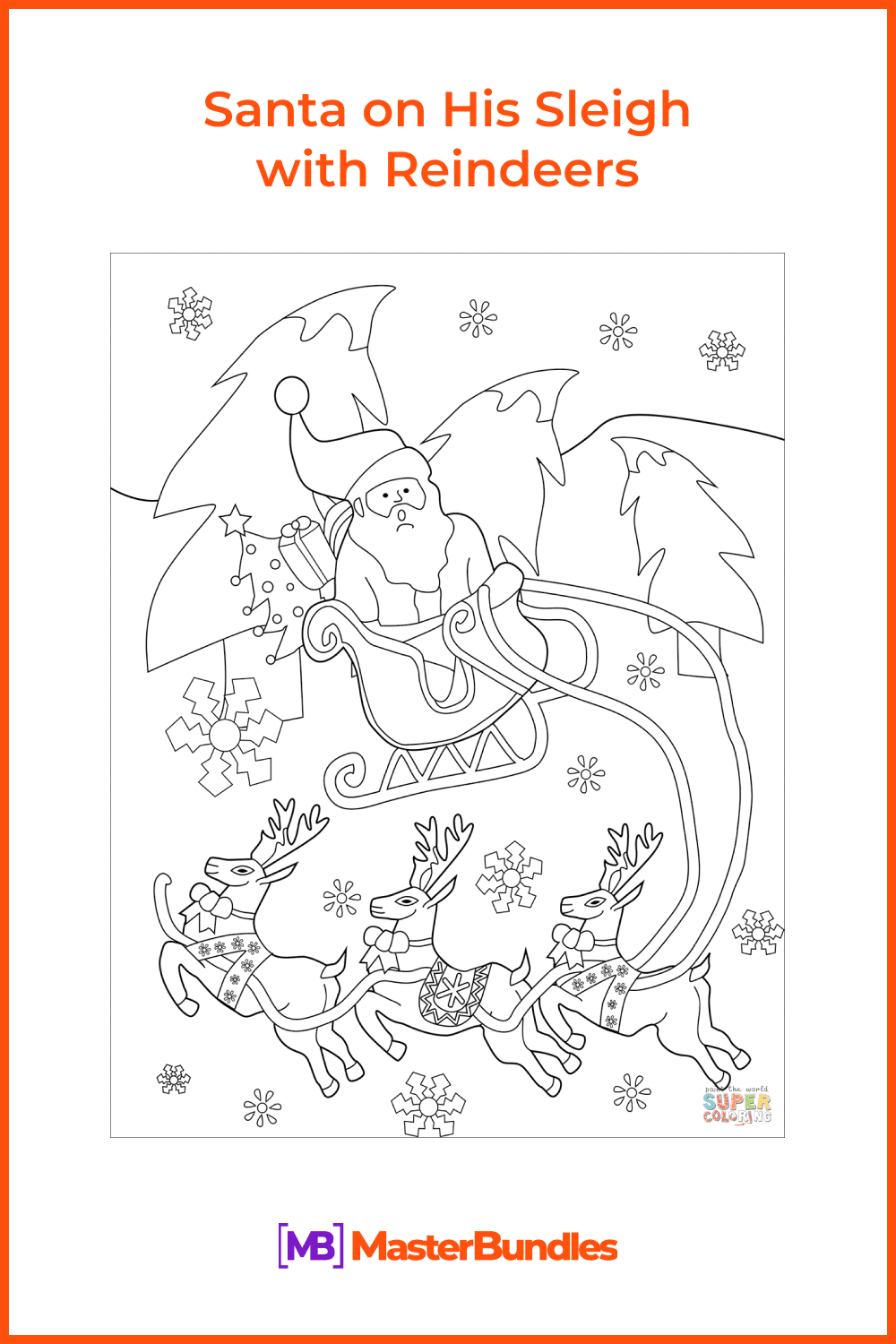 Santa on His Sleigh with Reindeers coloring page pinterest image.