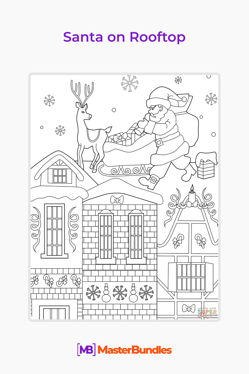 Santa on Rooftop coloring page pinterest image.