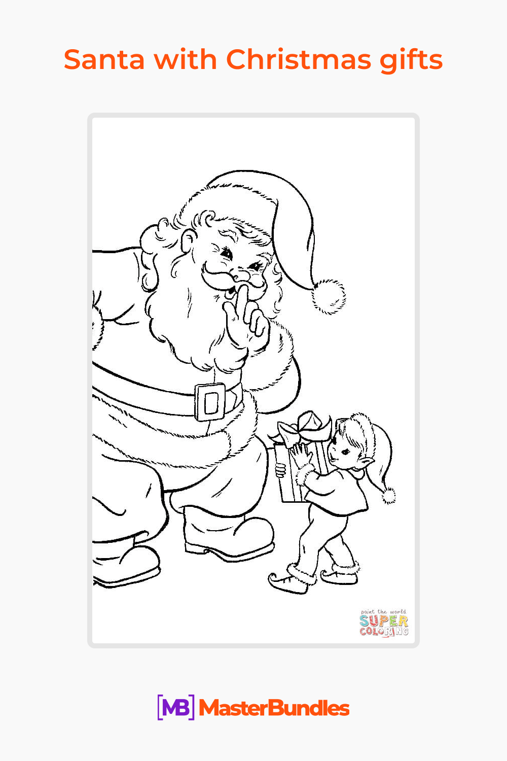 Santa with Christmas gifts coloring page pinterest image.