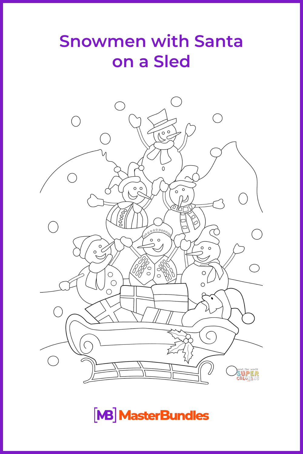 Snowmen with Santa on a Sled coloring page pinterest image.