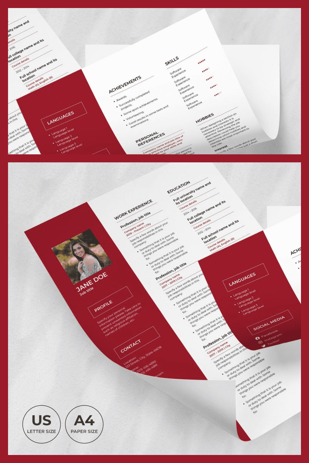 Two pages of a red and white resume.