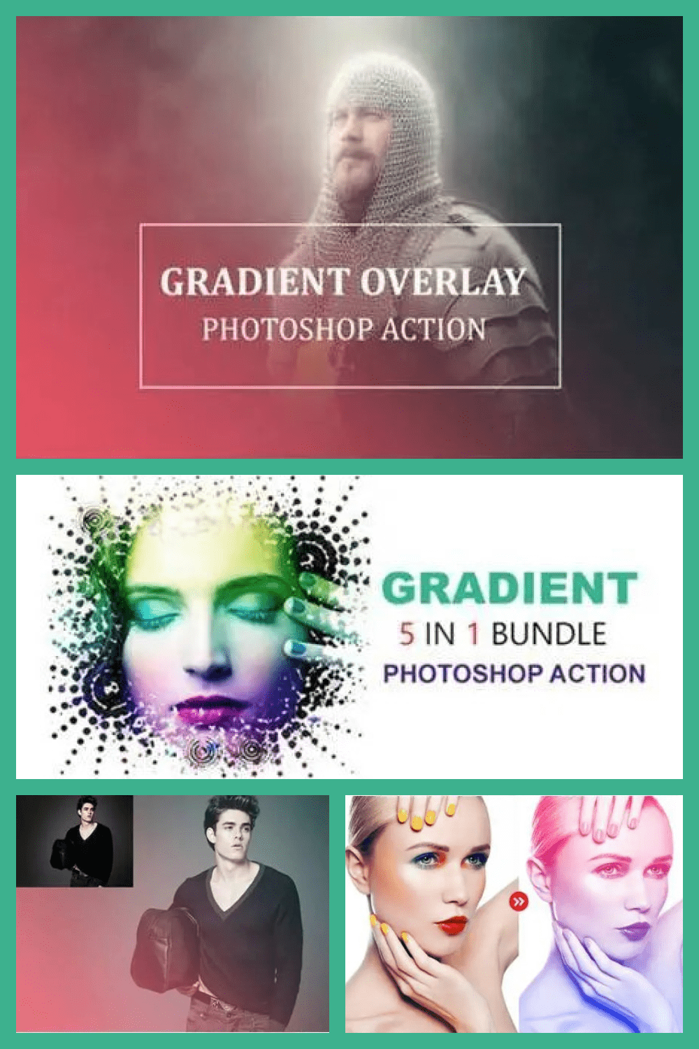 5 In 1 Gradient Photoshop Actions Bundle - MasterBundles - Pinterest Collage Image.