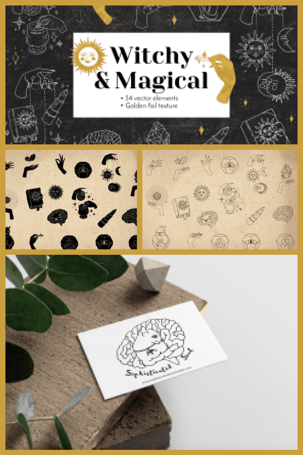 Witchy Magical Mystic Line Art - MasterBundles - Pinterest Collage Image.