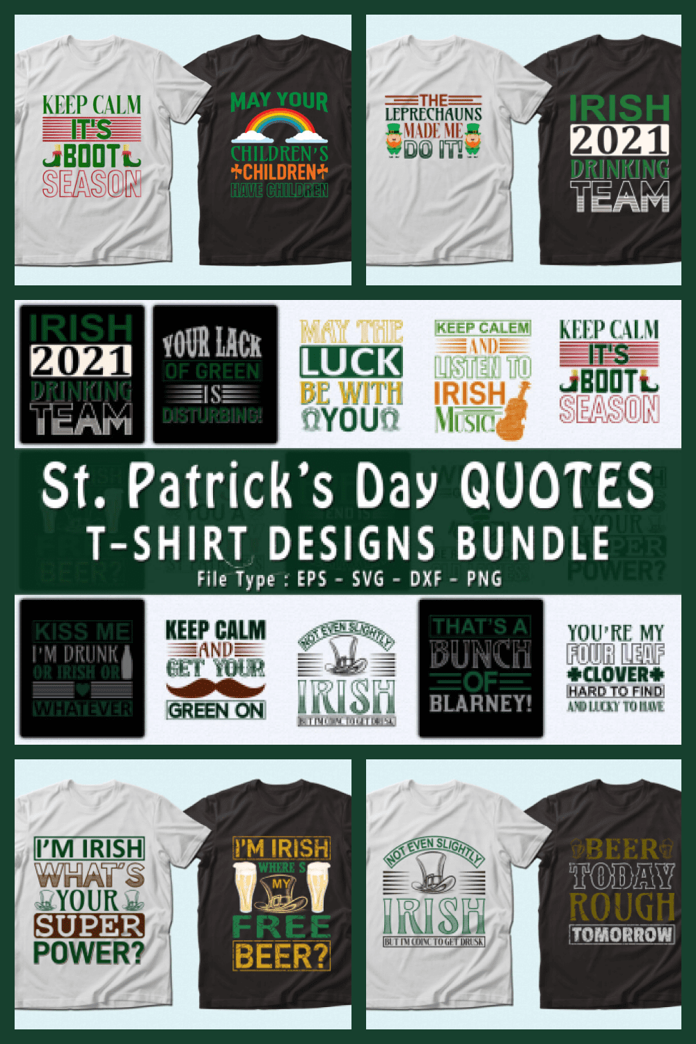Trendy 20 St. Patrick’s Day Quotes T-shirt Designs Bundle - MasterBundles - Pinterest Collage Image.