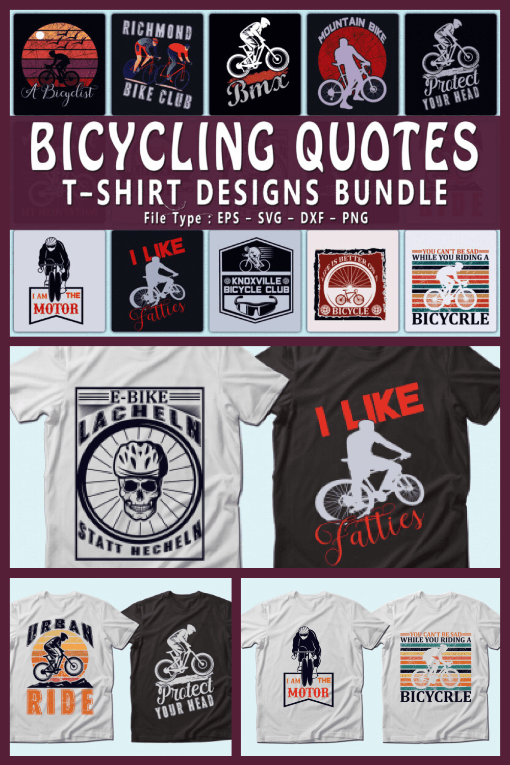 Trendy 20 Bicycle Quotes T-shirt Designs Bundle - MasterBundles - Pinterest Collage Image.