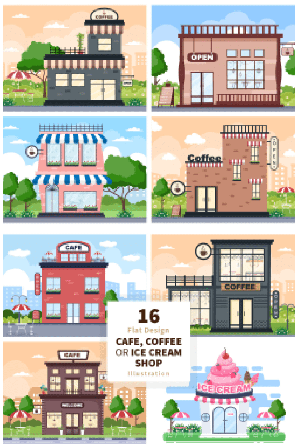 16 Coffeehouse, Cafe or Ice Cream Shop Illustrations - MasterBundles - Pinterest Collage Image.