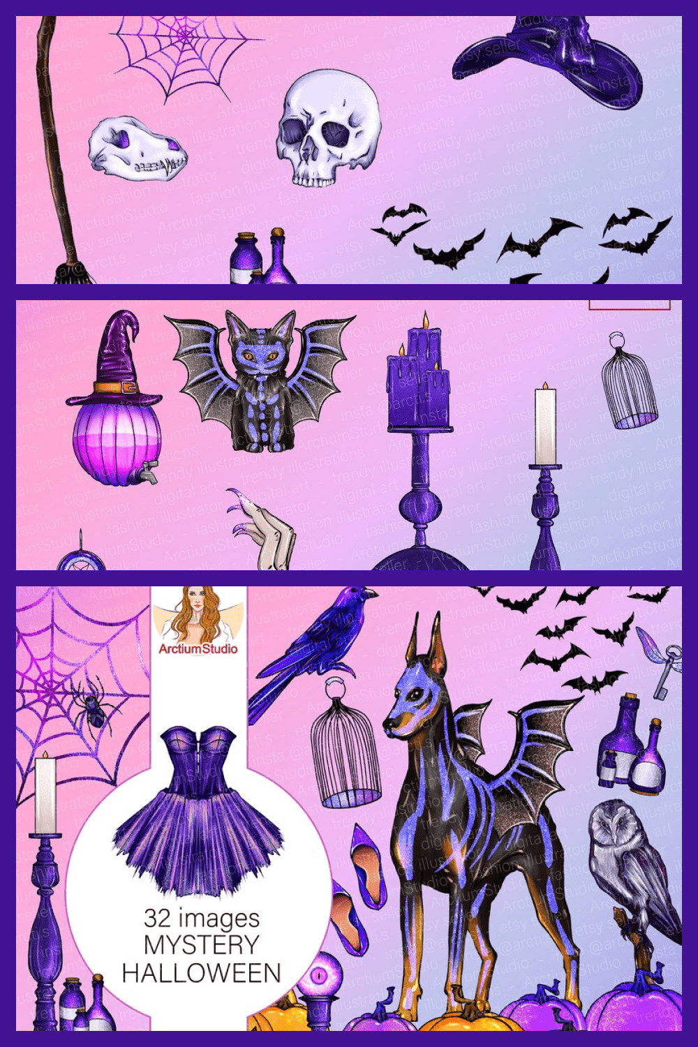 94 Magic Clipart Set of Purple Halloween 32 Png Files