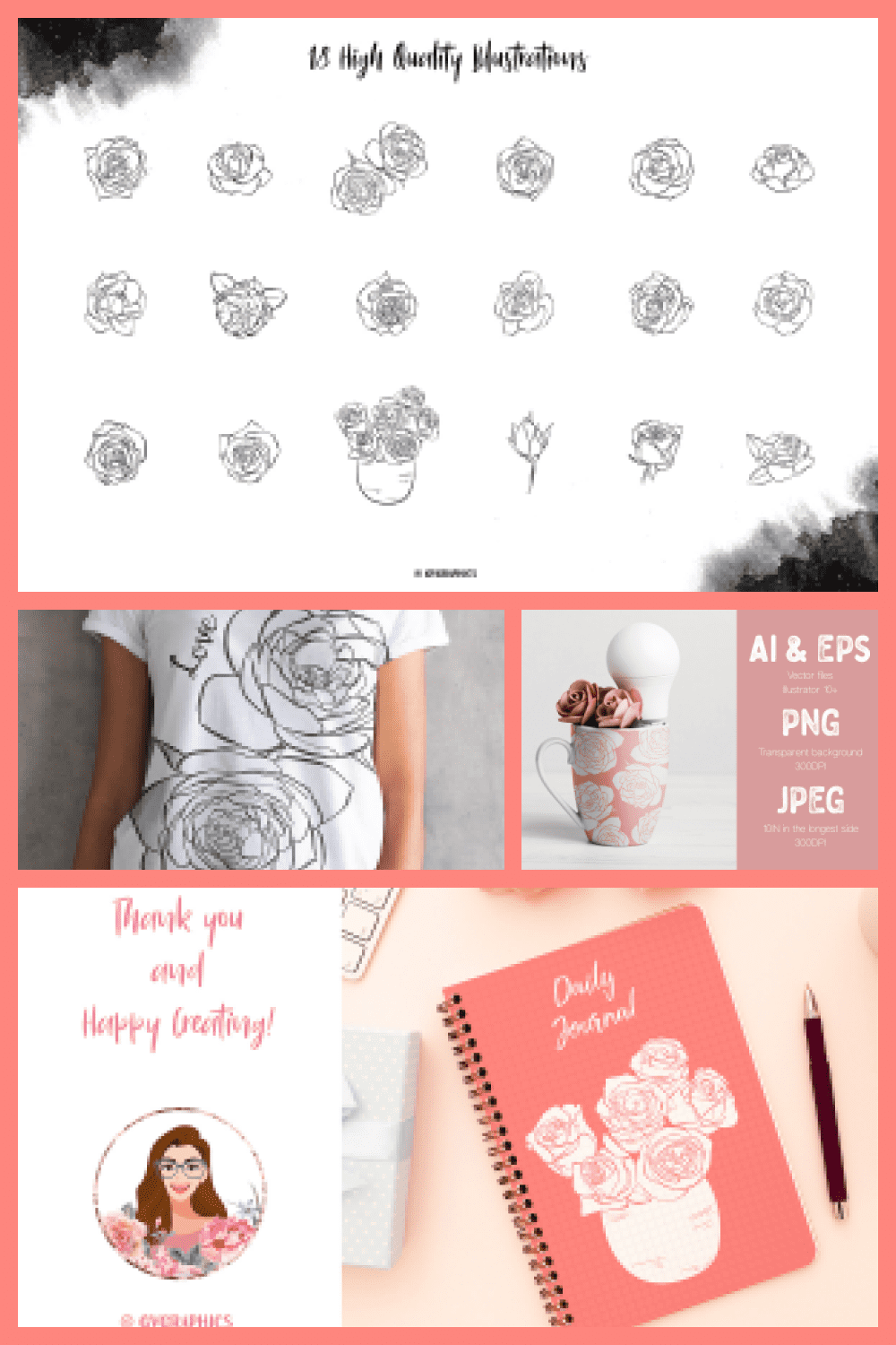Hand Drawn Roses, Floral Illustrations in Black and White - MasterBundles - Pinterest Collage Image.