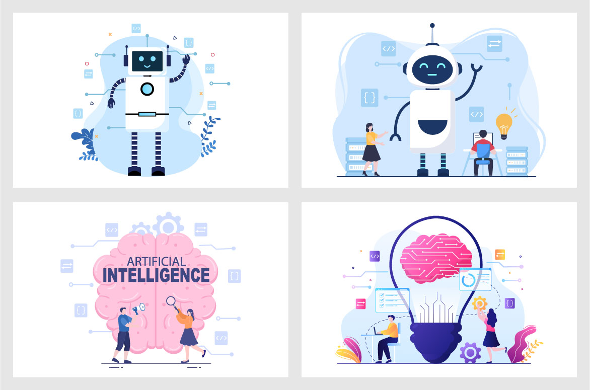 Artificial intelligence concept with electric brain and neural network, isometric 3d illustration with smartphone, laptop, mobile gadget, modern data storage banner, landing page background.