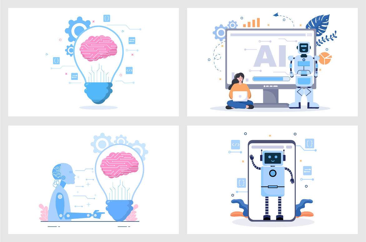 Artificial intelligence robot android futuristic information interface flat design vector illustration.