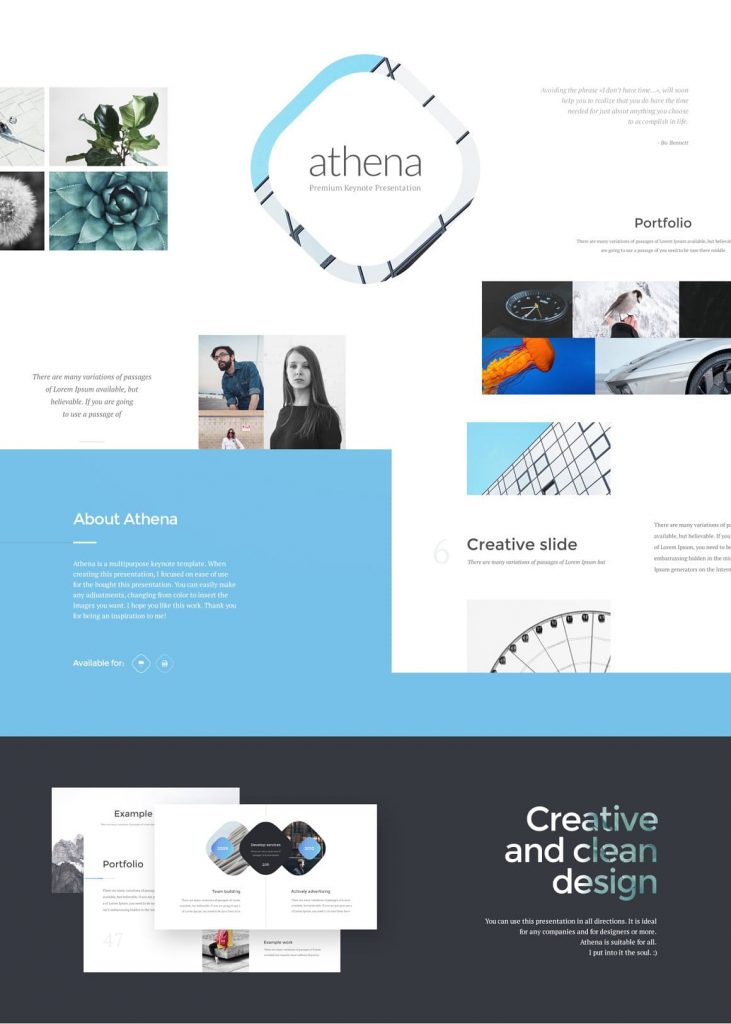 Creative and clean design of Athena PowerPoint Presentation slides.