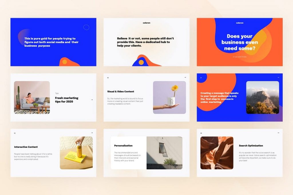 Examples of slide content Coloron Creative PowerPoint Template.