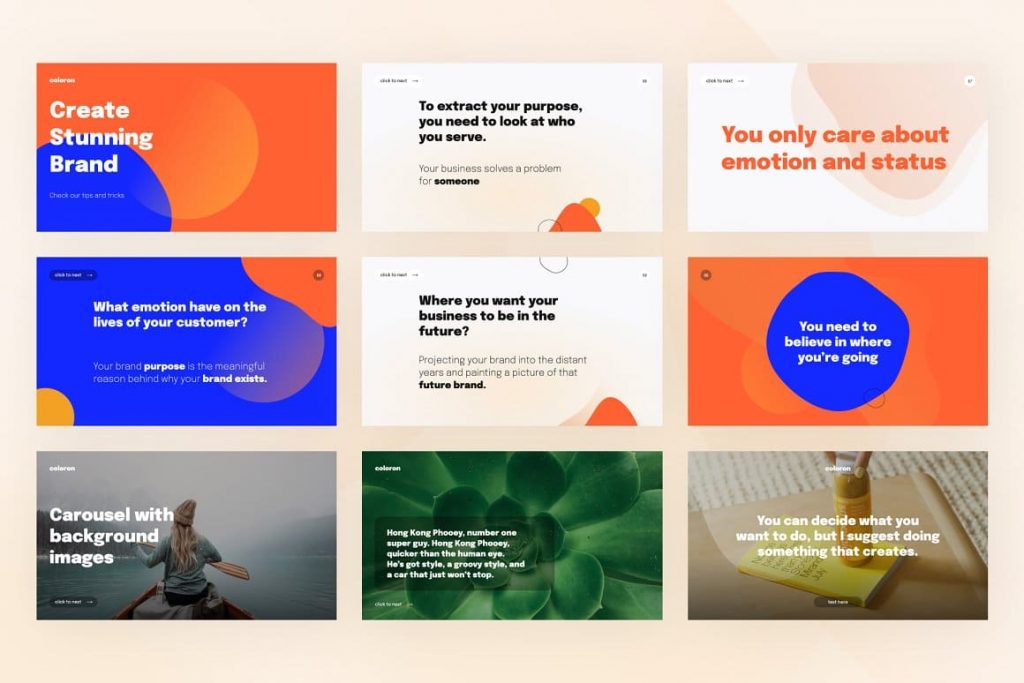 Sample slides for Coloron Creative PowerPoint Template background images.