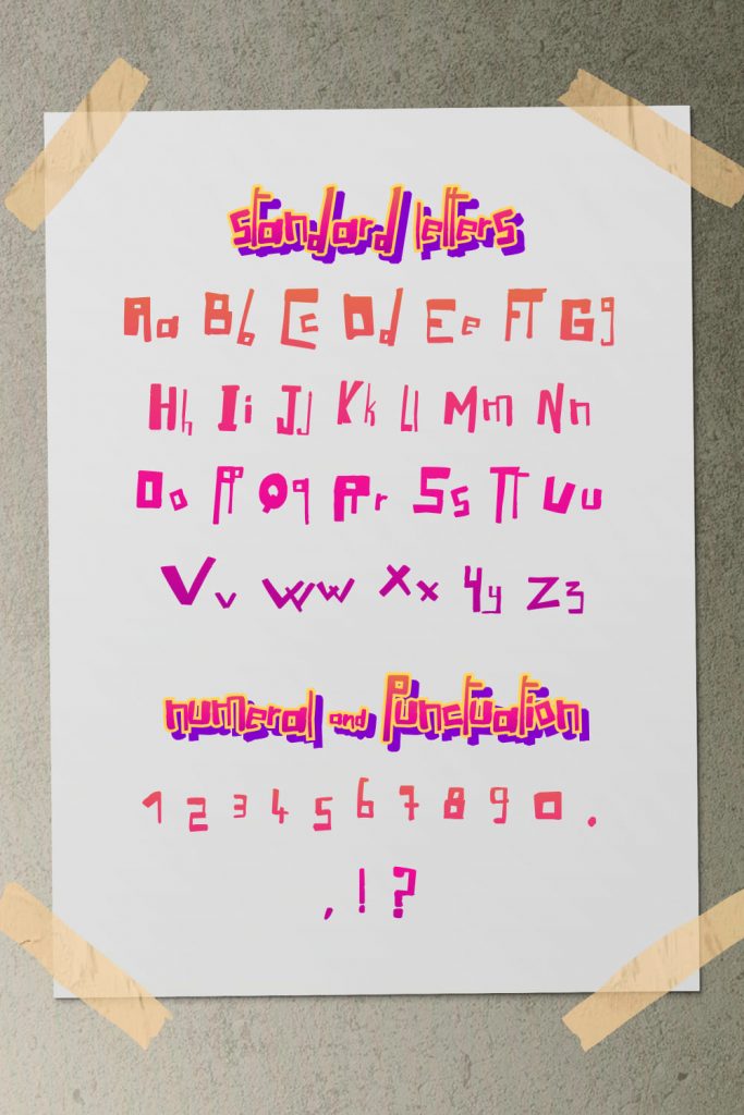 Free Gangster Font Alphabet, Numeral and Punctuation Preview.