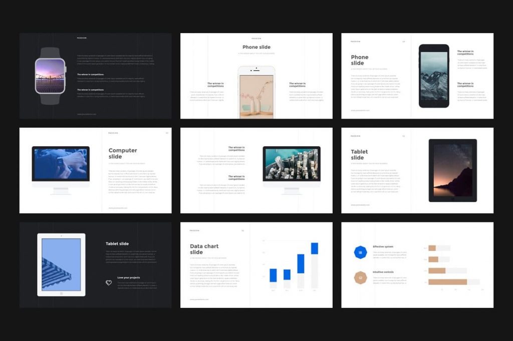 Preview slides on computer and tablet Passion Keynote Template.