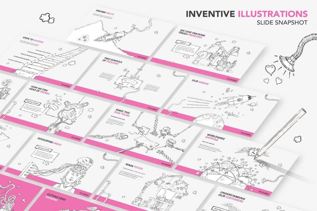 Slides Inventive Illustrations Pro-Draw PowerPoint Template.