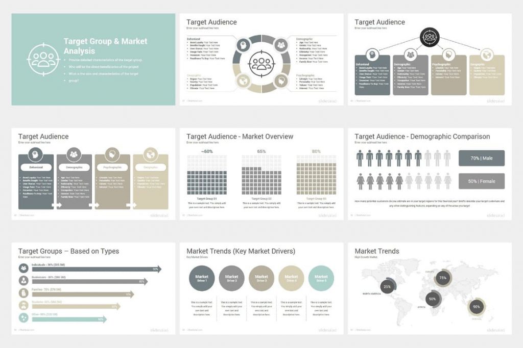 Target Group / Market Analysis Project Proposal PowerPoint Template slides.