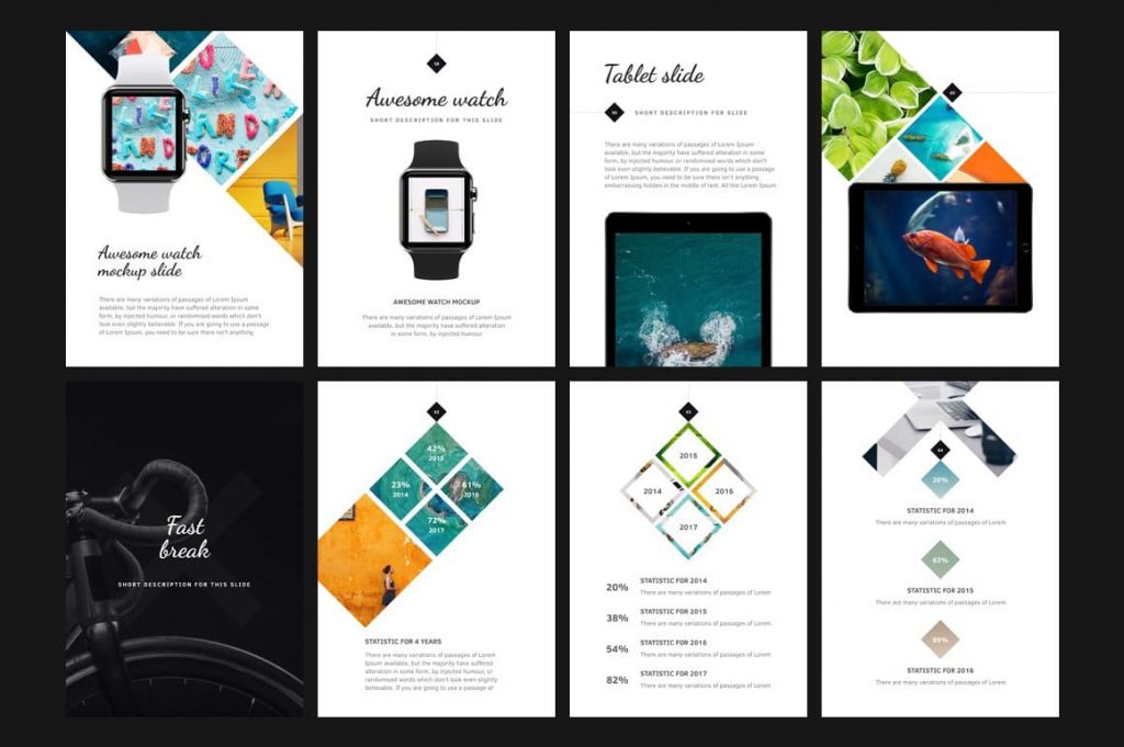 Slides with Mockups on Devices for A4 Tera Keynote Template.