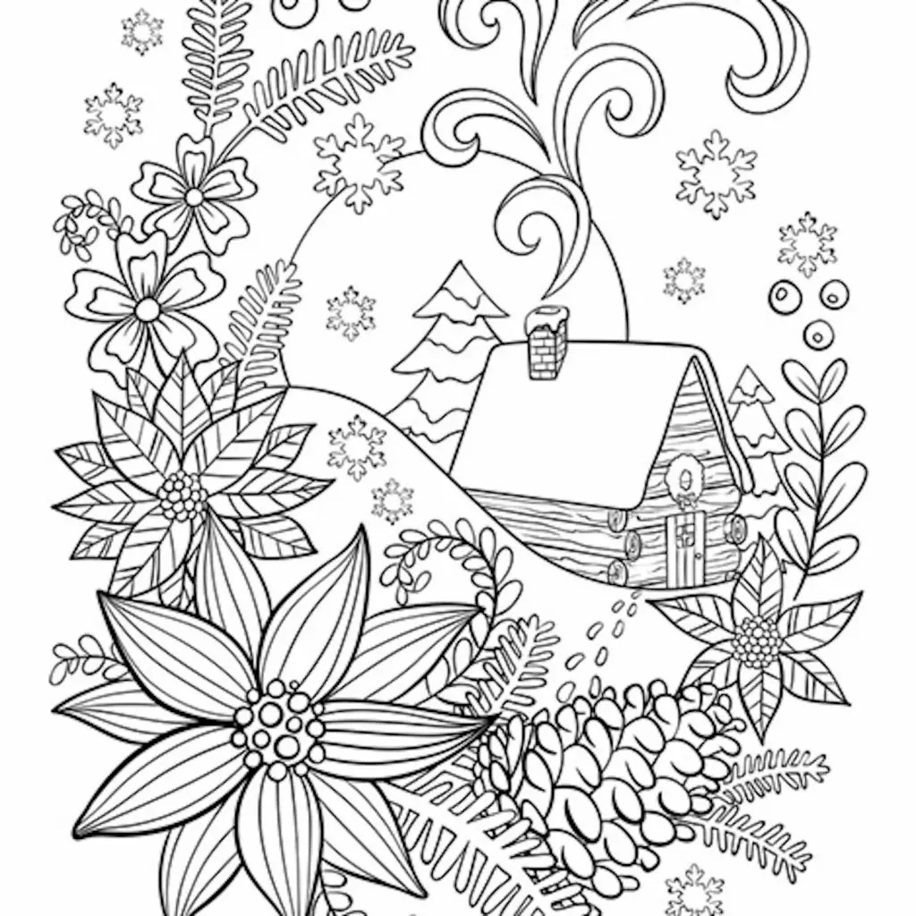 Free Christmas Coloring Page Cabin in the Snow MasterBundles