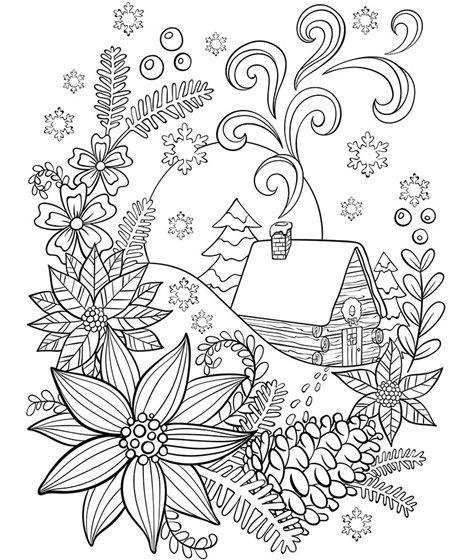 Free Christmas Coloring Page Cabin in the Snow.