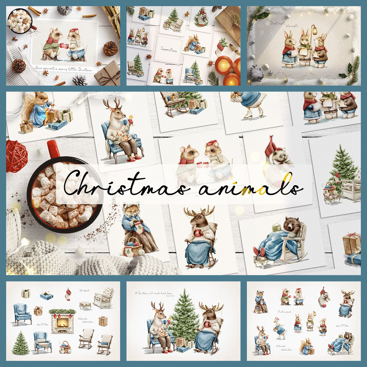 Christmas Animals, Seven Pictures With Beatiful Backgrounds.