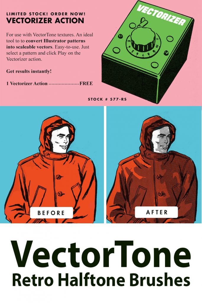 VectorTone Retro Halftone Brushes by MasterBundles Pinterest Collage Image.