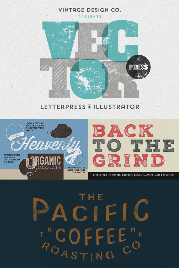 VectorPress: Illustrator Letterpress by MasterBundles Pinterest Collage Image.