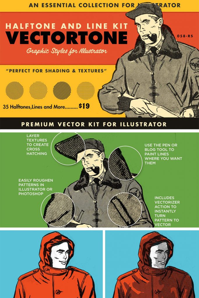 VectorTone Retro Halftone Brushes by MasterBundles Pinterest Collage Image.