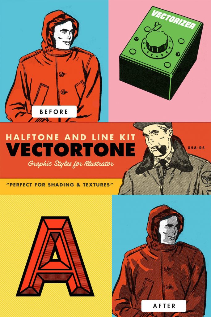 VectorTone Retro Halftone Brushes by MasterBundles Pinterest Collage Image.