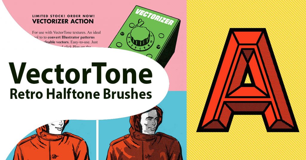VectorTone Retro Halftone Brushes by MasterBundles Facebook Collage Image.