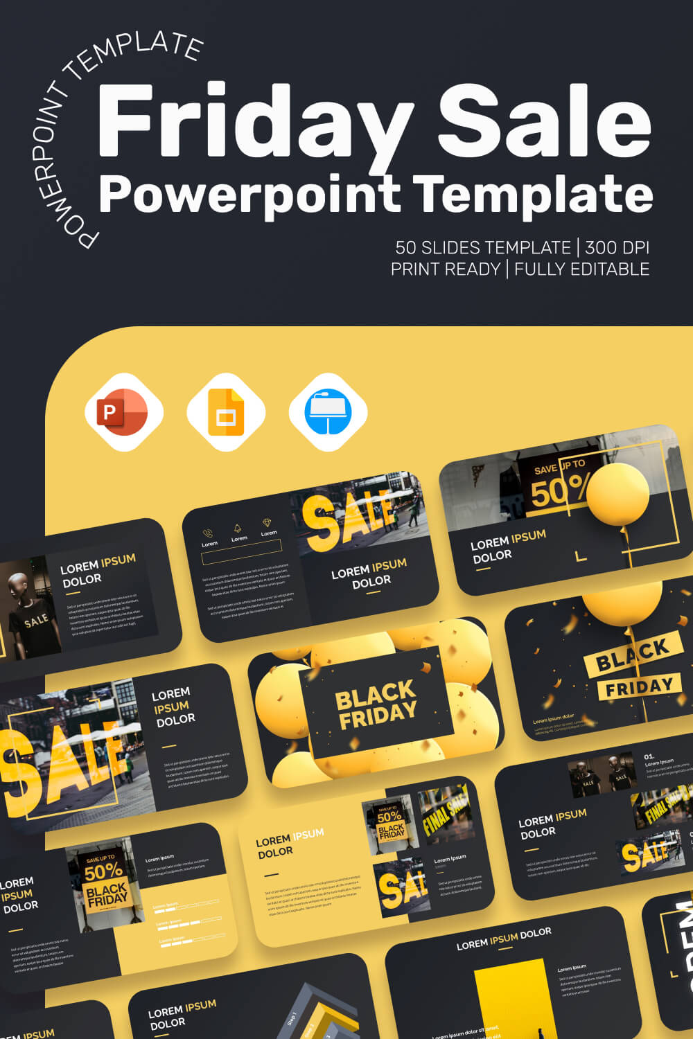 Black Friday Promo PowerPoint Template: 50 Slides Pinterest images.
