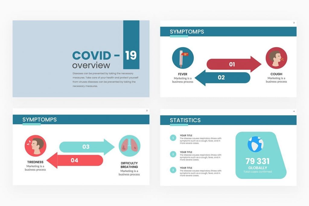 Symptoms and Statistics slides for COVID-19 Overview PowerPoint presentation.