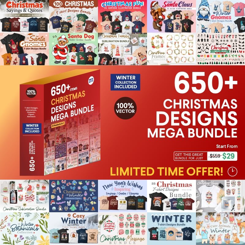 Christmas Designs Mega Bundle: Illustrations, T-shirt designs, Sublimations, Clipart preview image.
