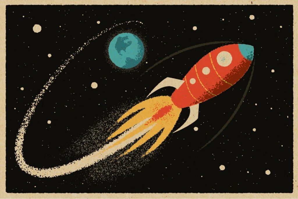 Rocket in space with Copier Funk Graphic Styles effect.