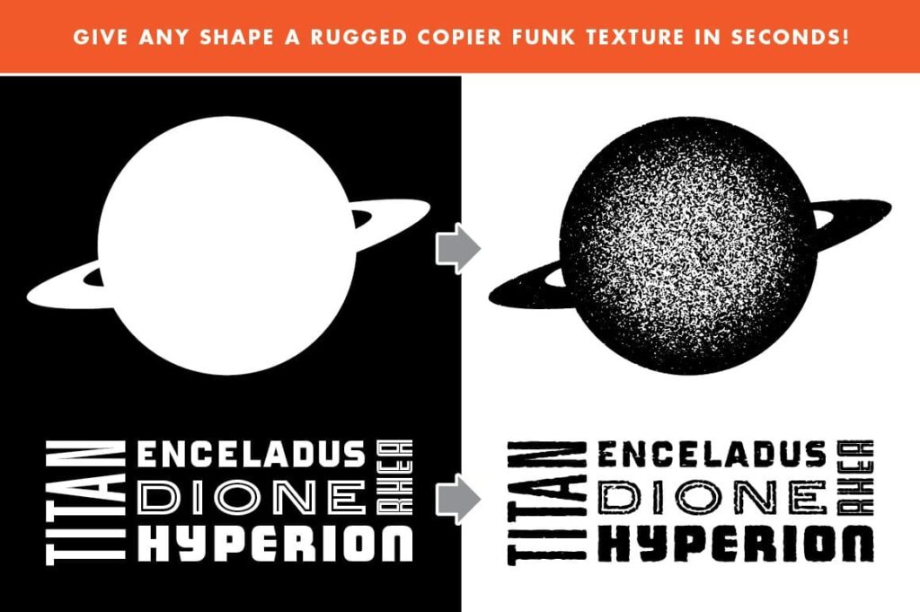 Preview on the image of the planet and the font with the Copier Funk Graphic Styles effect.