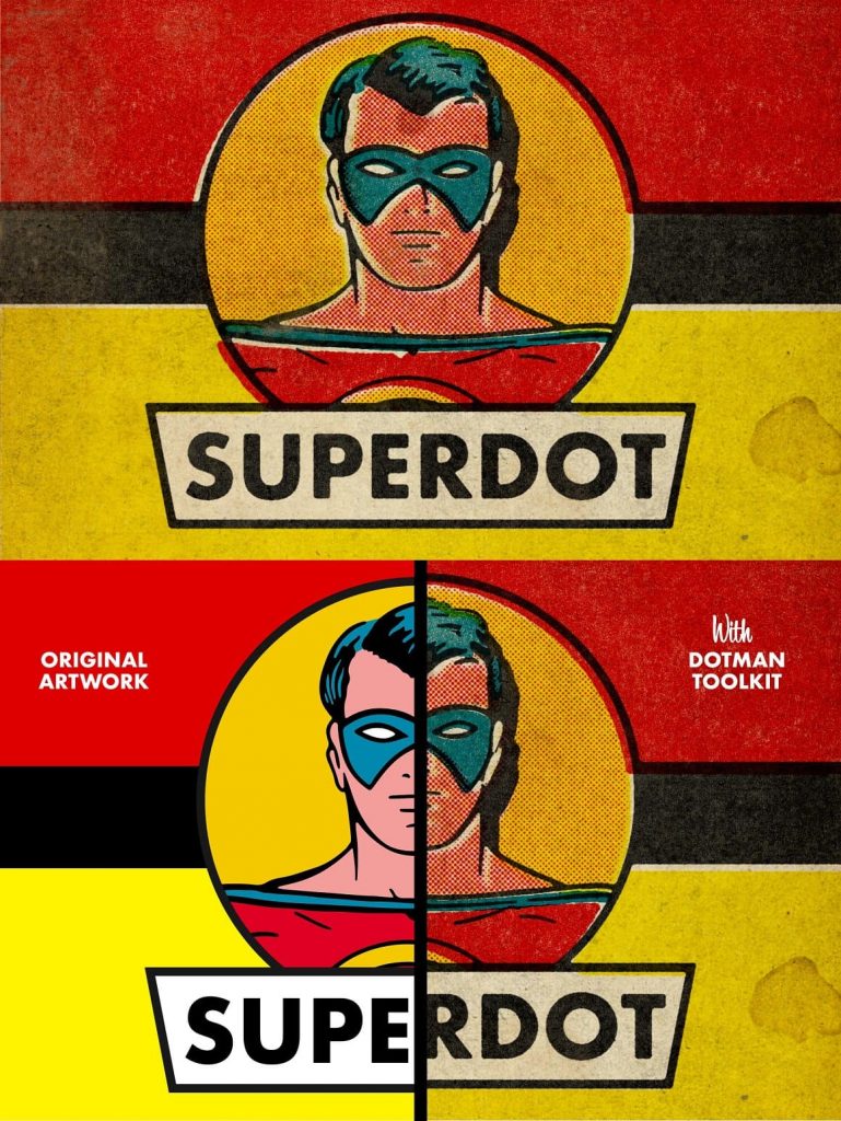 Example Before and After DotMan ToolKit Vintage Comic Effects.