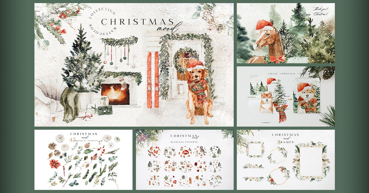 Christmas Mood - Six Images From Watercolor Collection.