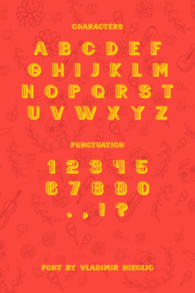 Free Mexican Font Mexicanero Pinterest Preview with Characters and Punctuation.