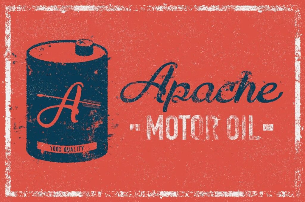 The phrase "Apache motor oil" with the effect of Ghost Signs for Adobe Illustrator.