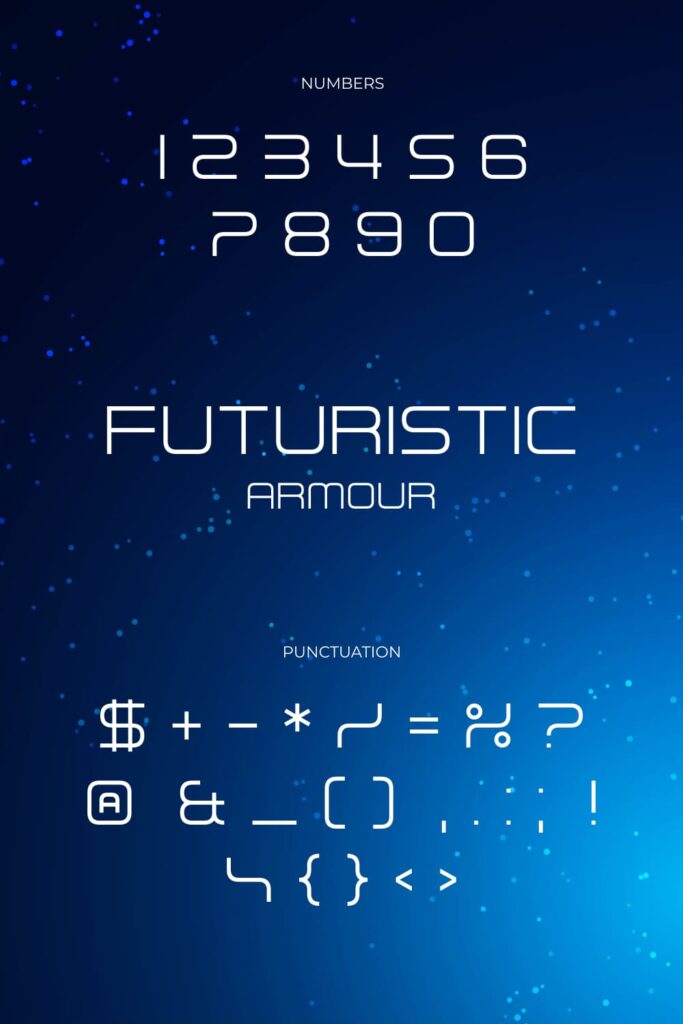 MasterBundles Pinterest Collage Image Free Font Futuristic Armour Numbers and Punctuation.