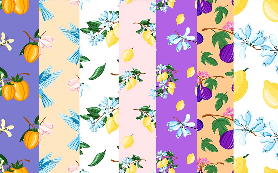 Fruit Birds Collection with Lemon and Hummingbird Pattern.