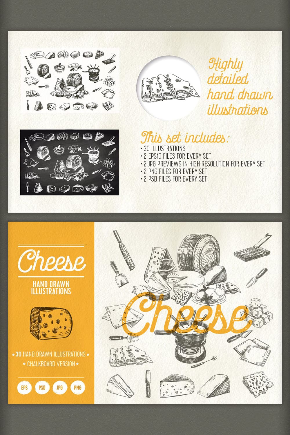 Cheese, Highly Detailed Hand Drawn Illustrations.