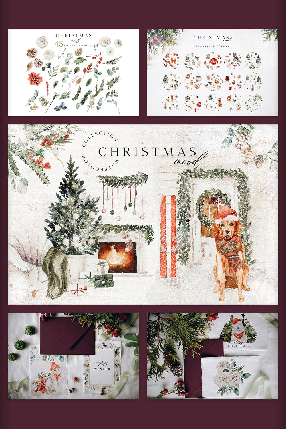 Christmas Mood - Watercolor Collection: Patterns, Elements, Postcards And Letters.