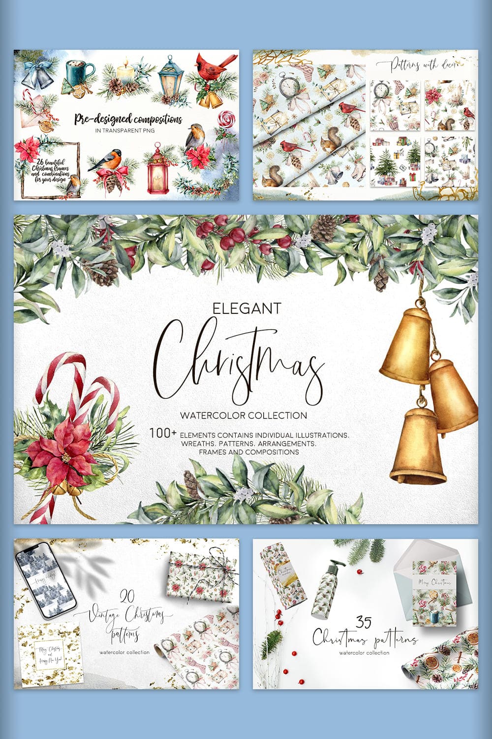 Five Pictures Of Elegant Christmas Watercolor Collection.