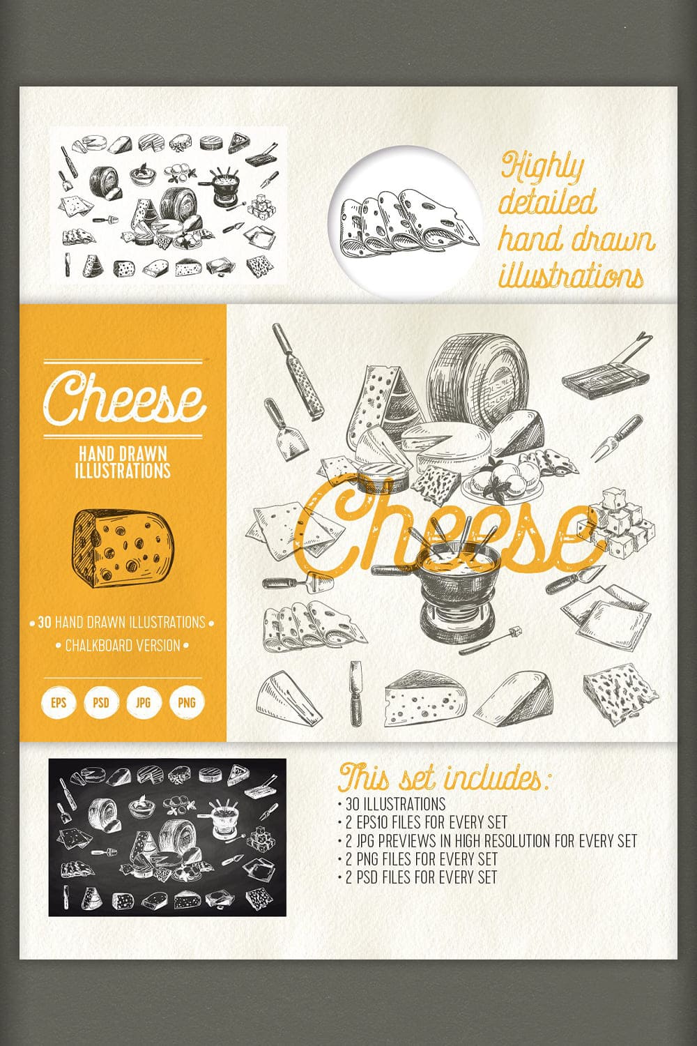 Cheese Hand Drawn Illustrations, Chalkboard, List.